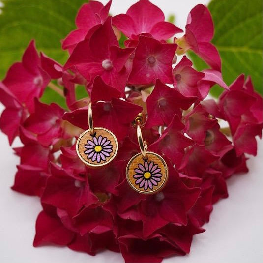 Aster Flower Recycled Wood Gold Earrings-4