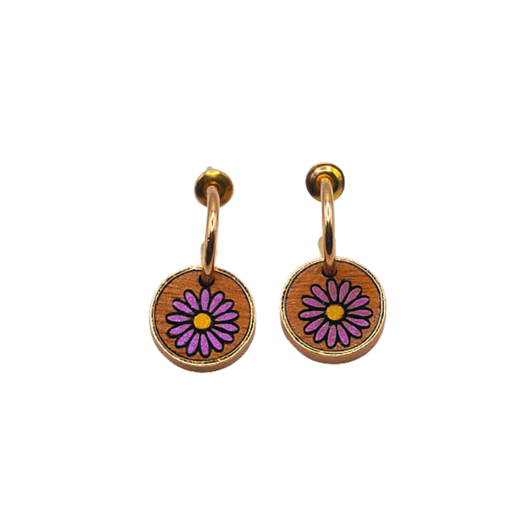 Aster Flower Recycled Wood Gold Earrings-1